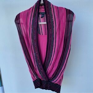 Y2K INC Black & Pink Striped Plunging Sequined Knit Top Size XS